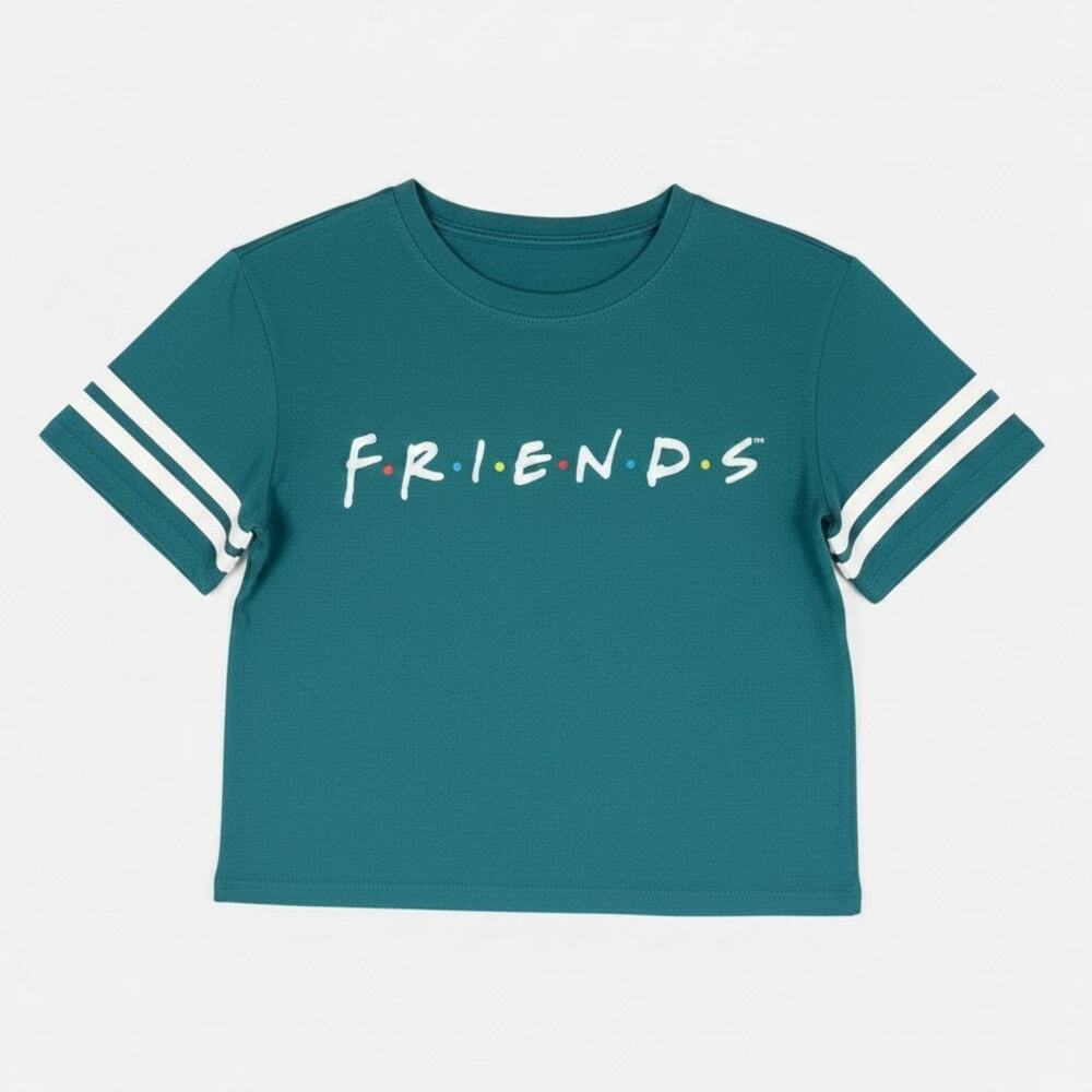 Love Tribe Friends Junior Women's Striped Sleeve Green Cropped T-Shirt 90s TV